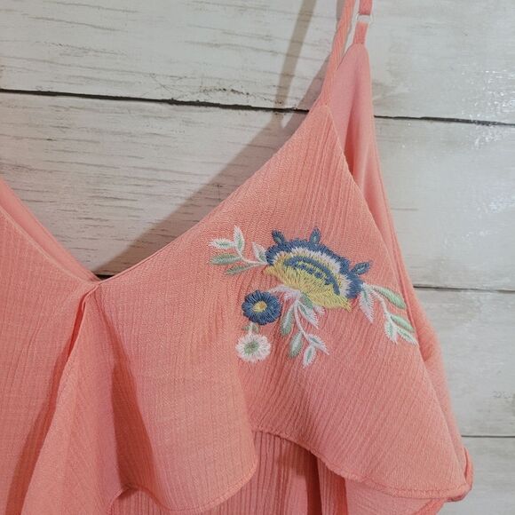Everly Ruffle Semi-Sheer Lightweight Sun Dress Chiffon Embroidered Floral Size S - Picture 2 of 9